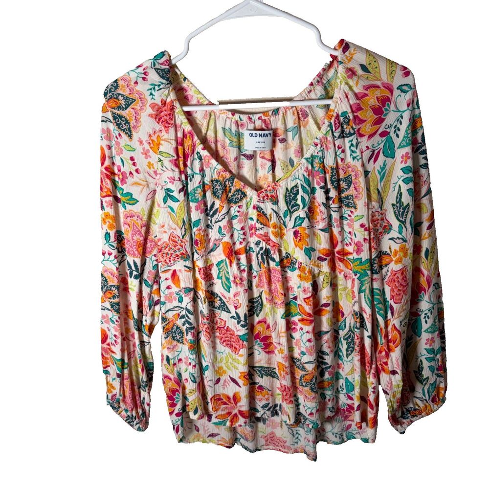Old Navy Blouse Women's Petite Medium V-Neck 3/4 Sleeve Floral Boho Top